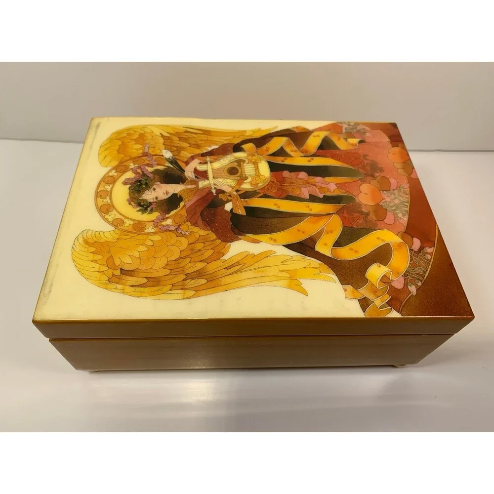 Victorian Angel  vintage lacquered Jewelry Music Box solid wood